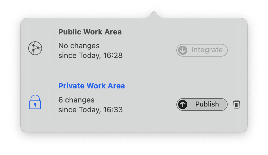 Dans la zone de travail privée, vous pouvez travailler sans montrer vos modifications aux autres utilisateurs. Une fois que vous êtes prêt, il vous suffit de cliquer sur publier pour synchroniser vos modifications avec les autres utilisateurs