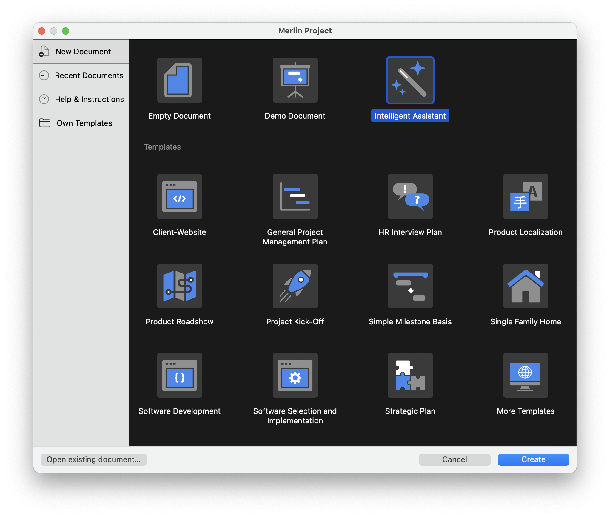 The Start menu in Merlin Project