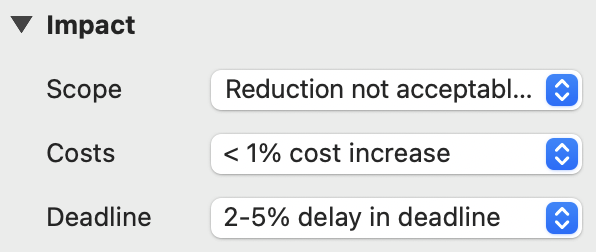 La sección de impacto del riesgo en el inspector en Merlin Project