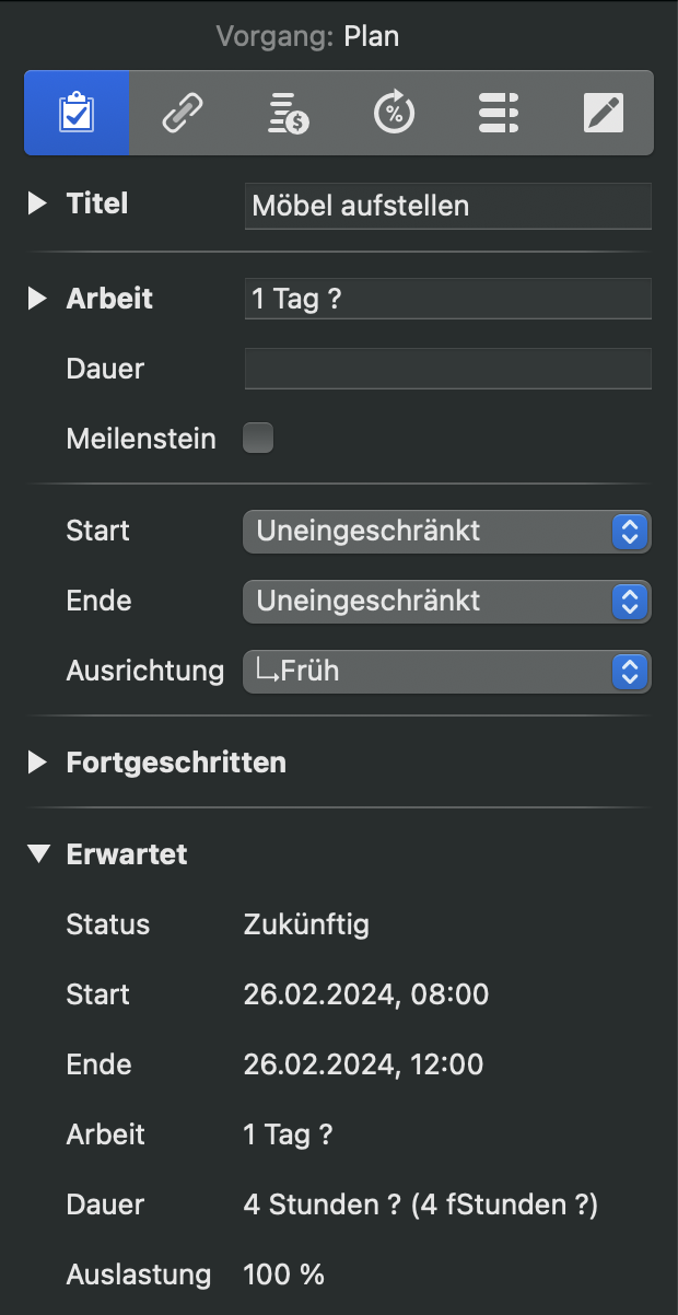 Vorgangs-Inspektor in Merlin Project