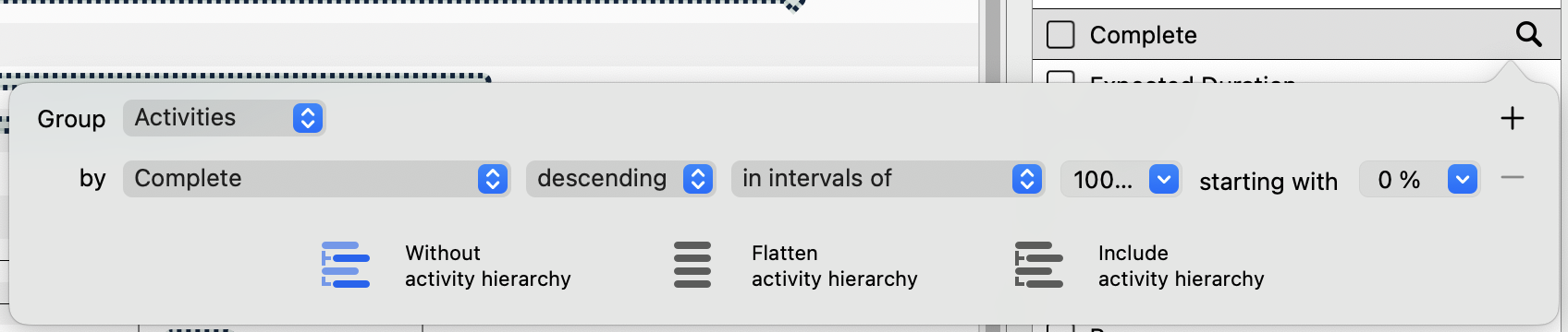 Haciendo clic en la lupa, puede personalizar las agrupaciones en Merlin Project