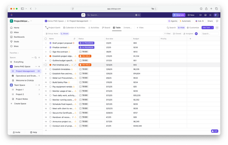 Seguimiento del presupuesto con campos/plantillas personalizados en ClickUp