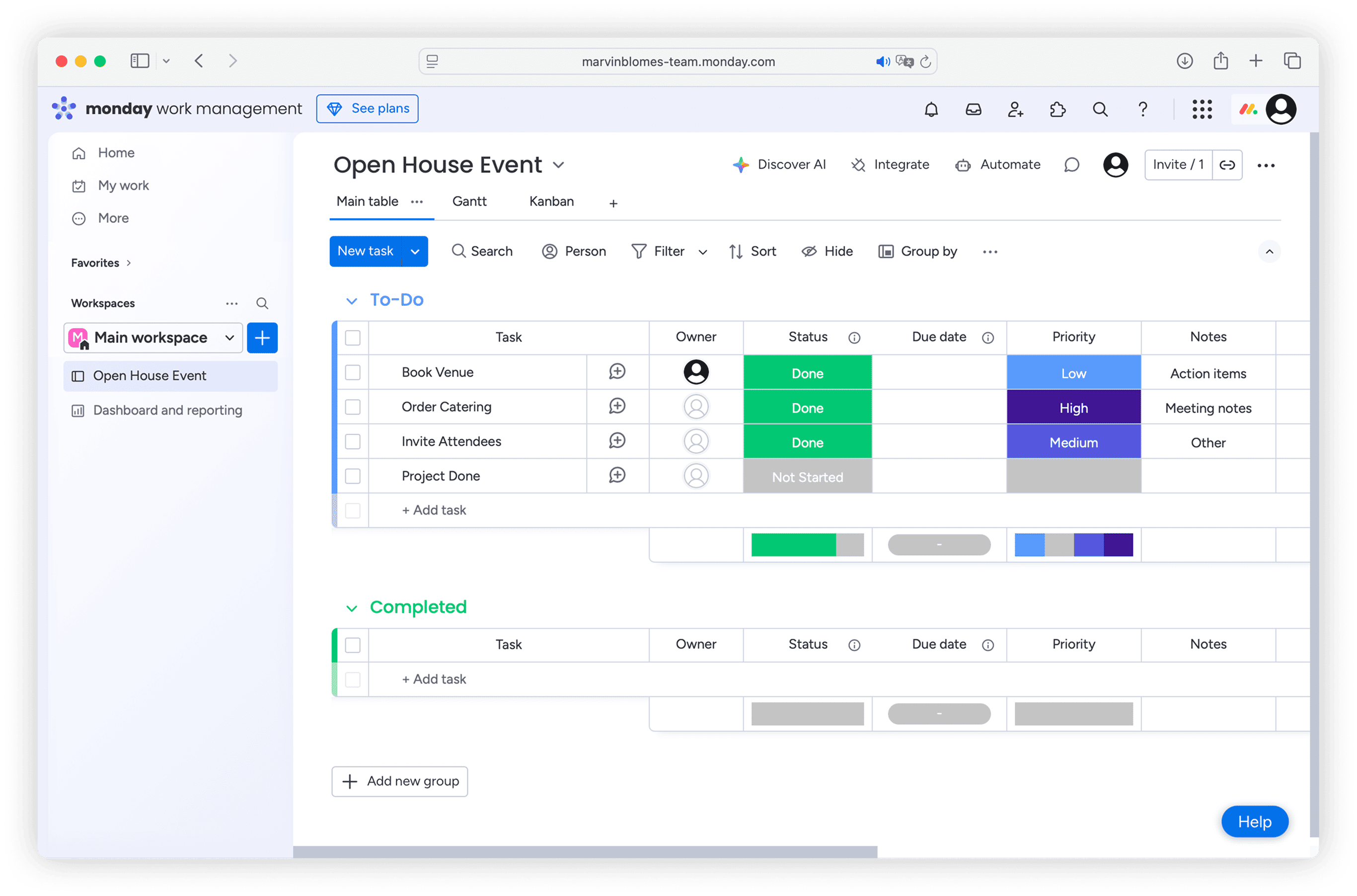 Vue Gantt dans Monday.com
