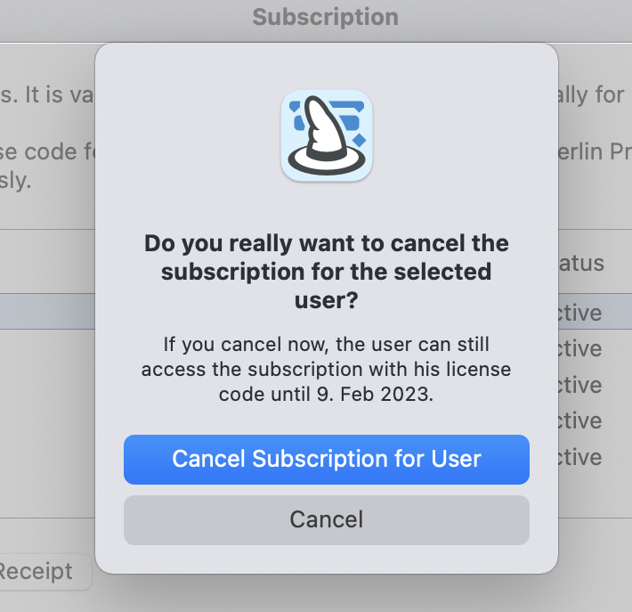 Cancel subscription for user