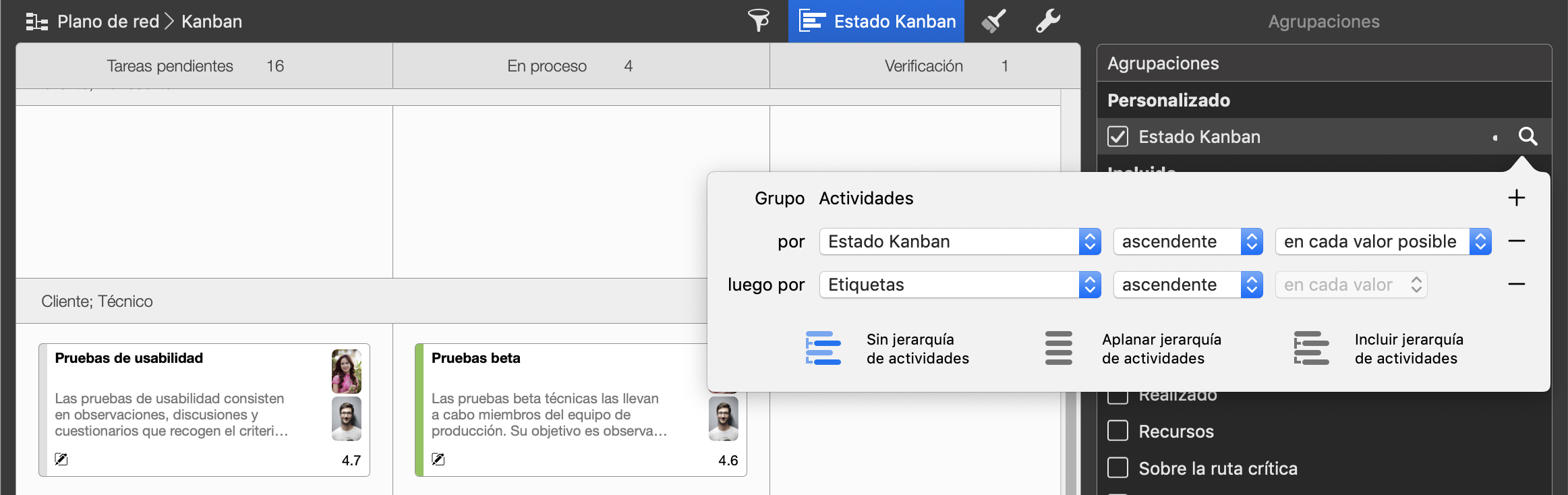 Opciones de agrupación para swimlanes del Merlin Project