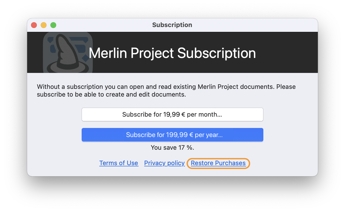 Restore Purchases in Merlin Project Restore Purchases in Merlin Project