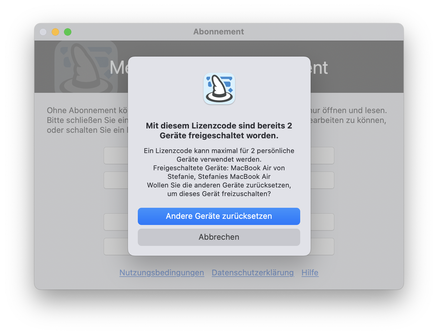 Lizenz auf anderen Geräten zurücksetzen