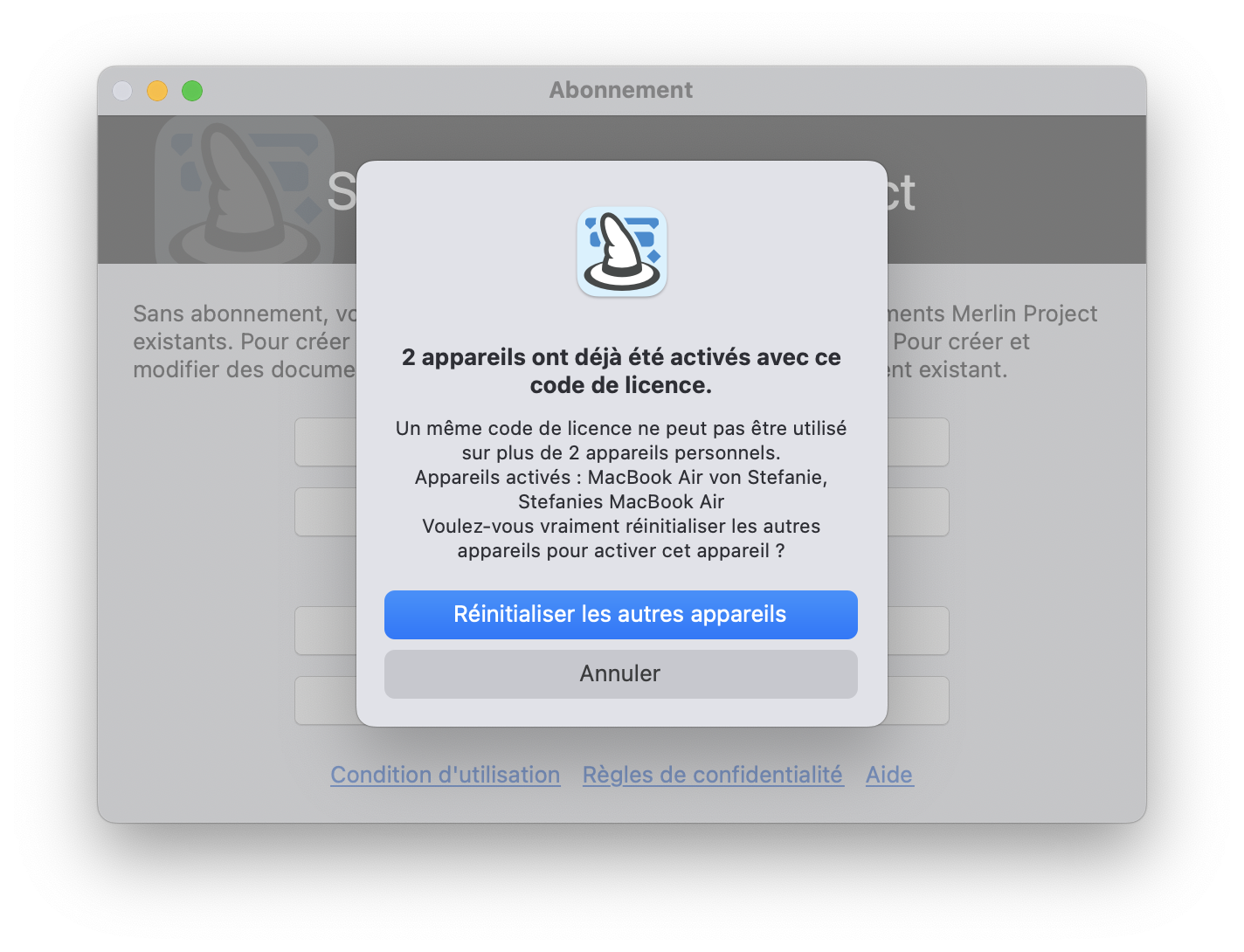 Réinitialiser la licence sur d'autres appareils