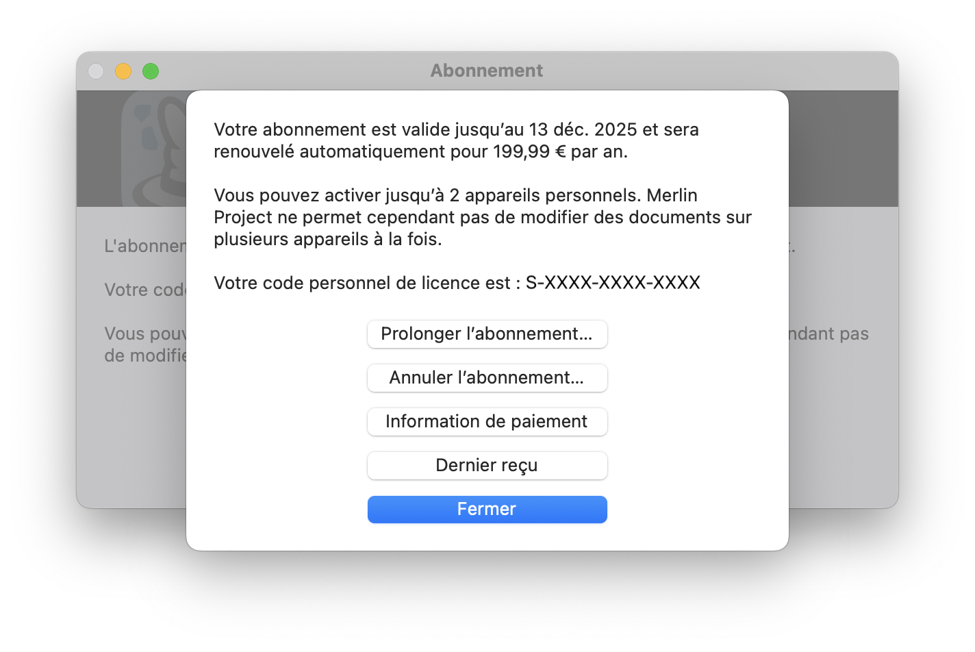 Gérer l'abonnement dans Merlin Project