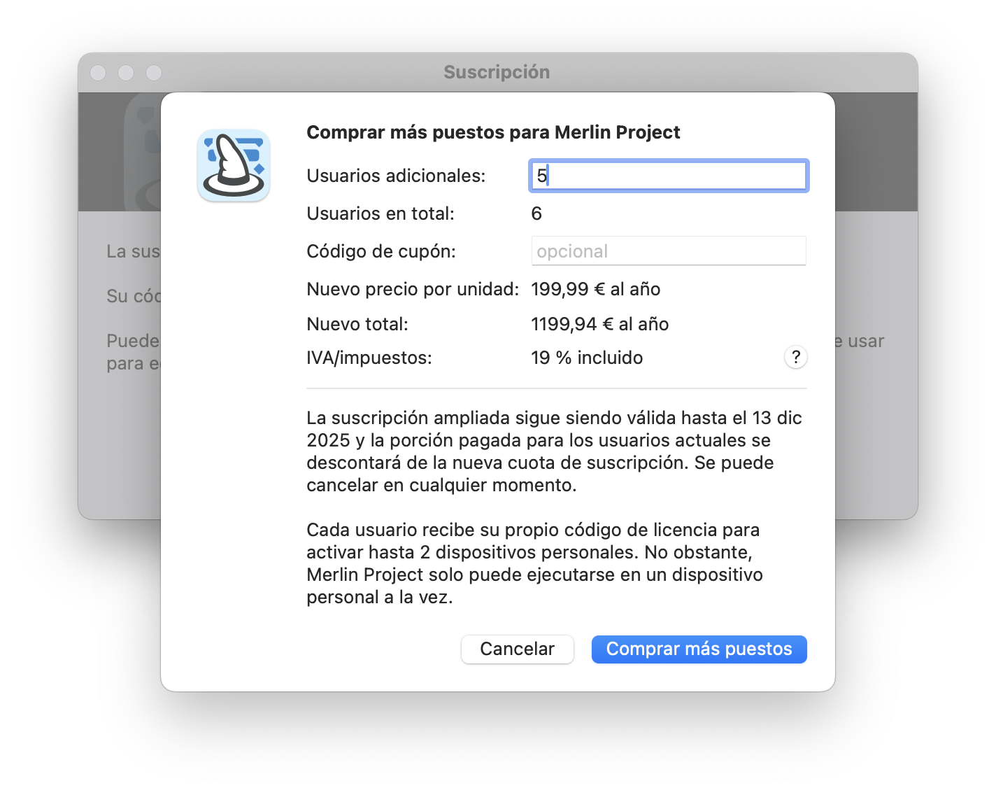 Añadir licencias a la suscripción Merlin Project