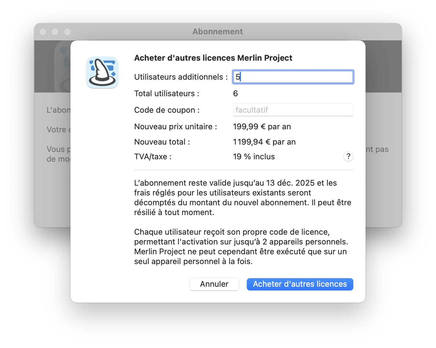 Ajouter des licences à l'abonnement Merlin Project