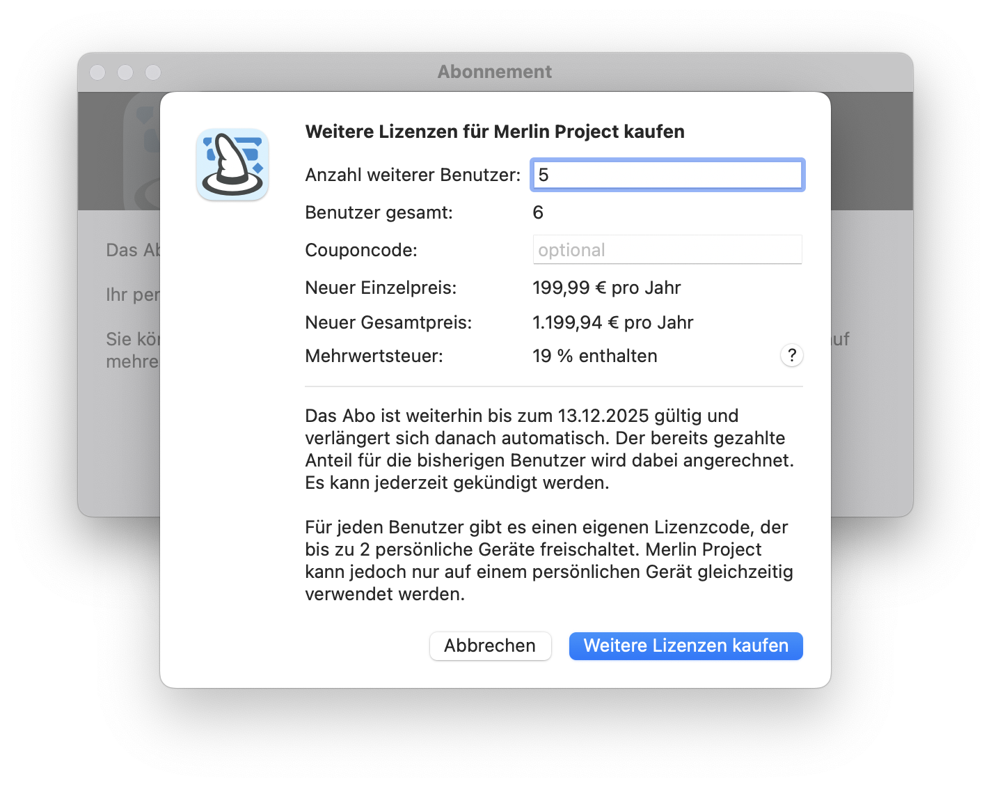 Lizenzen zum Merlin Project Abonnement hinzufügen