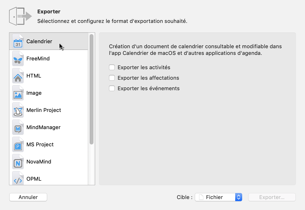 Exportation -> Calendrier