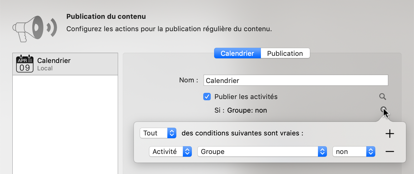 Publier -> Calendrier : filtrer les éléments