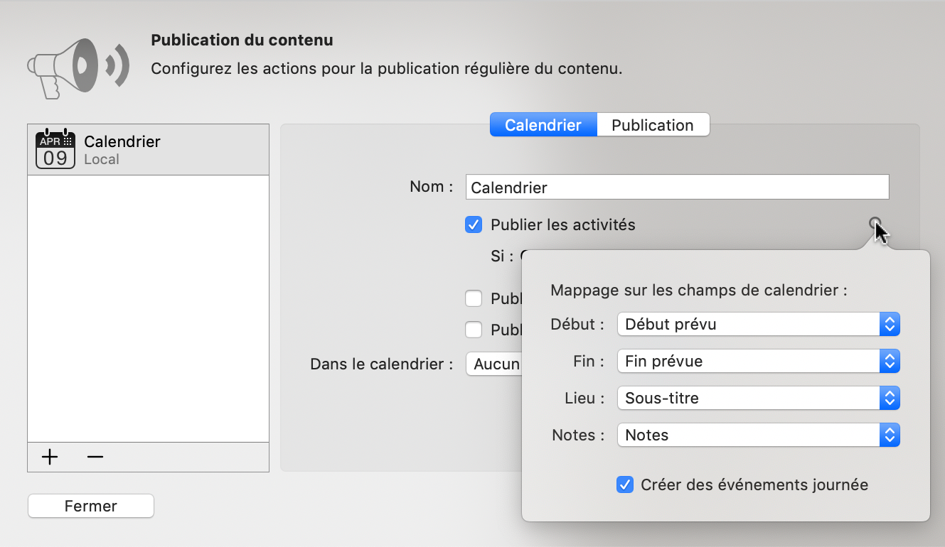 Publier -> Calendrier : vérifier et réaffecter les champs