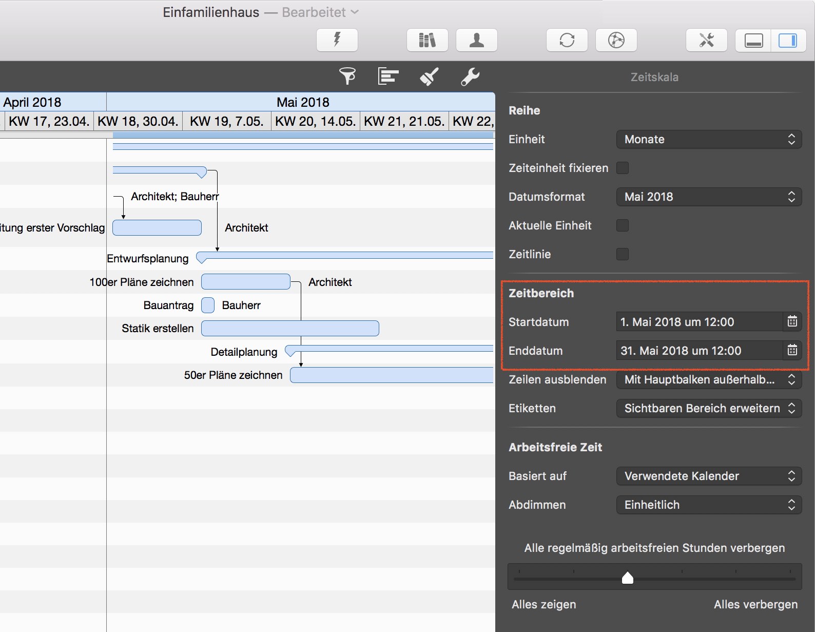 Datumsbereich in Merlin Project begrenzen