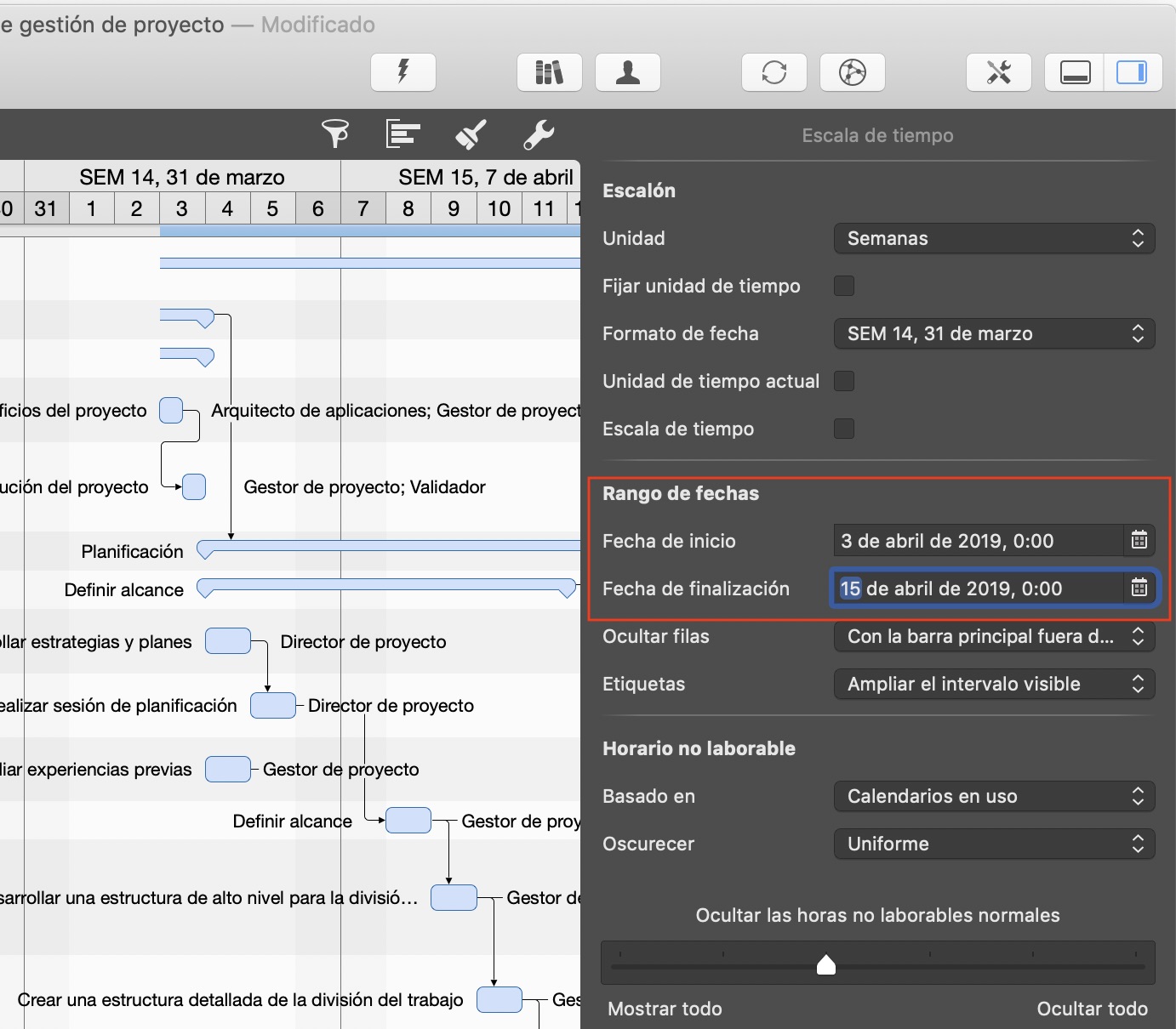 Limitar el rango de fechas en Merlin Project