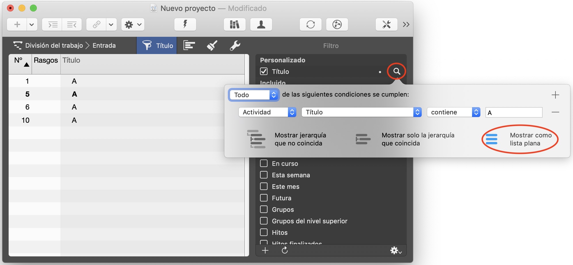 Resultados filtrados en Merlin Project