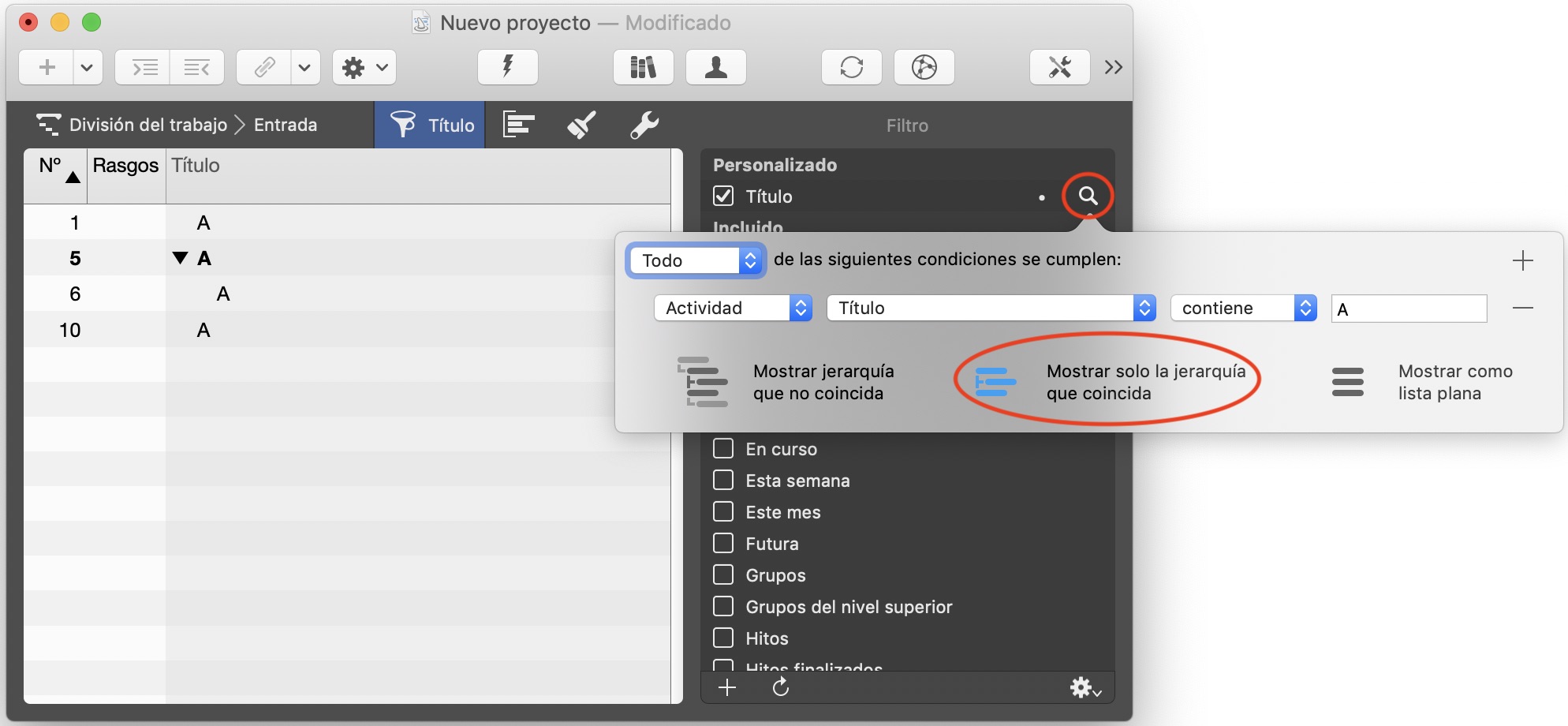 Resultados filtrados en Merlin Project