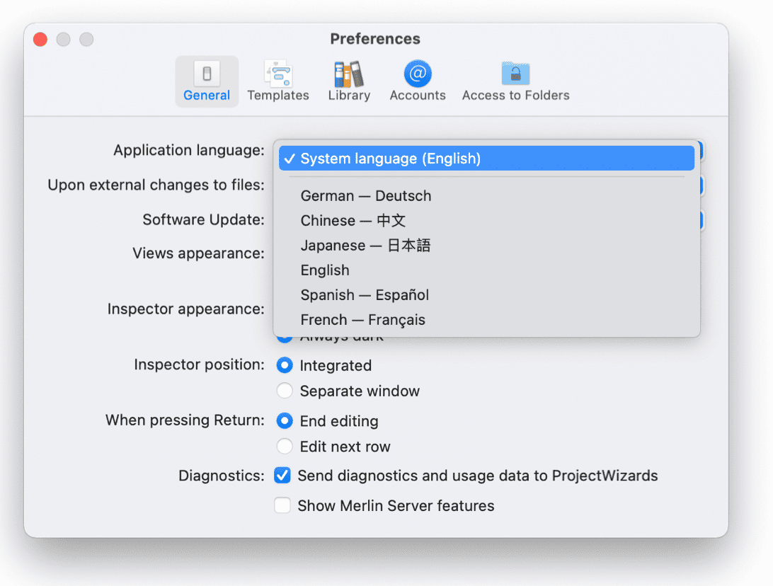 Select the language in Merlin Project