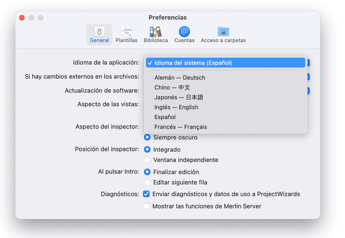 Seleccionar idioma en Merlin Project