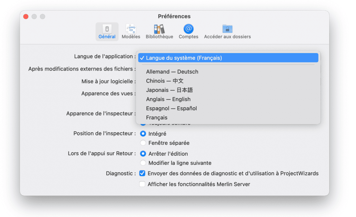 Sélectionner la langue dans Merlin Project