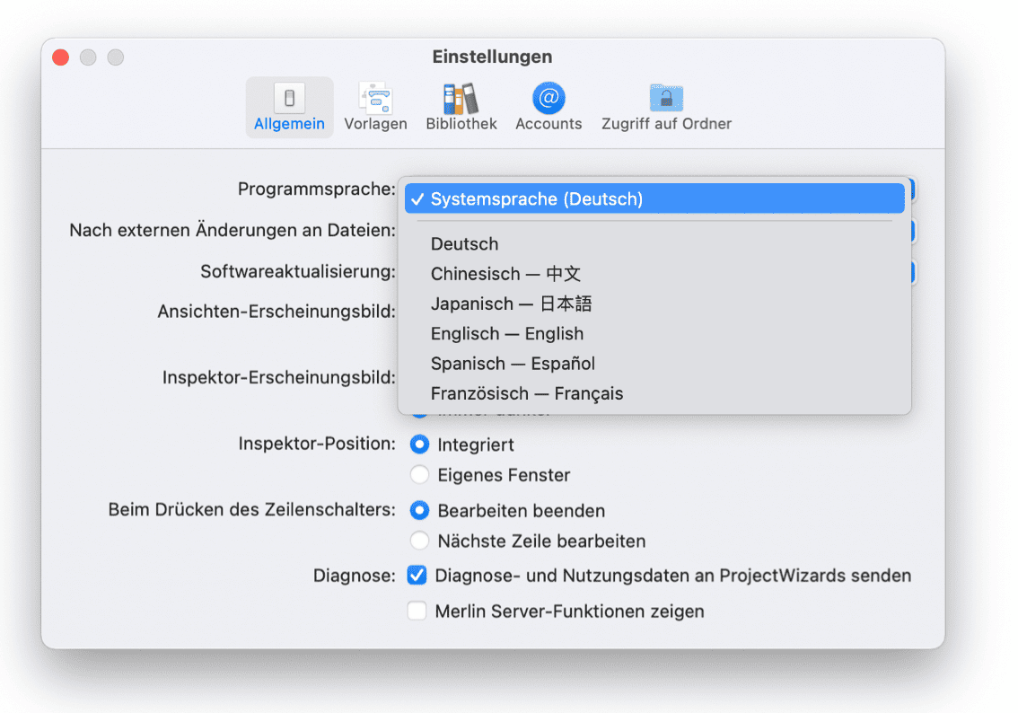 Wählen Sie die Sprache in Merlin Project