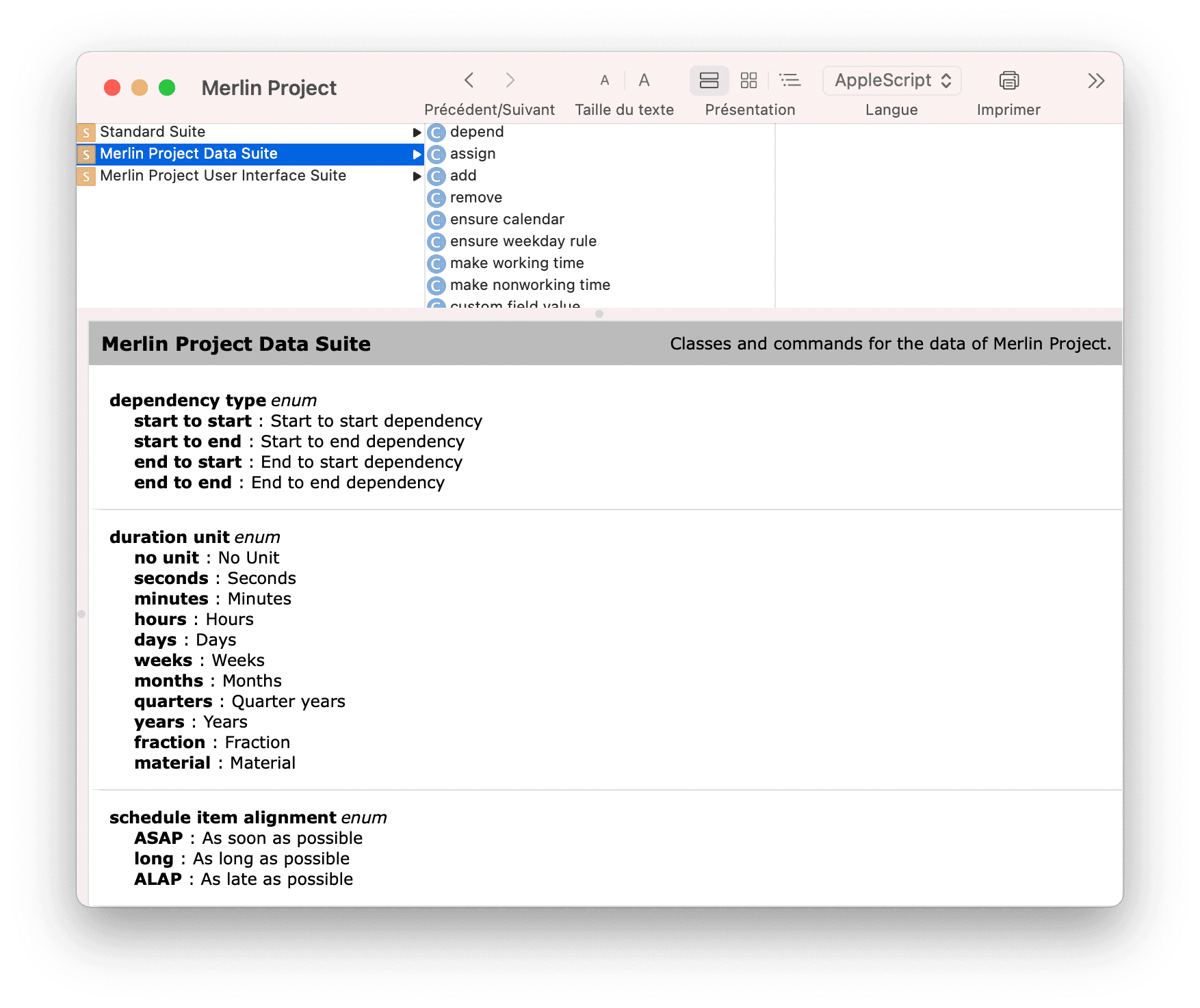 Dictionnaire AppleScript du Merlin Project