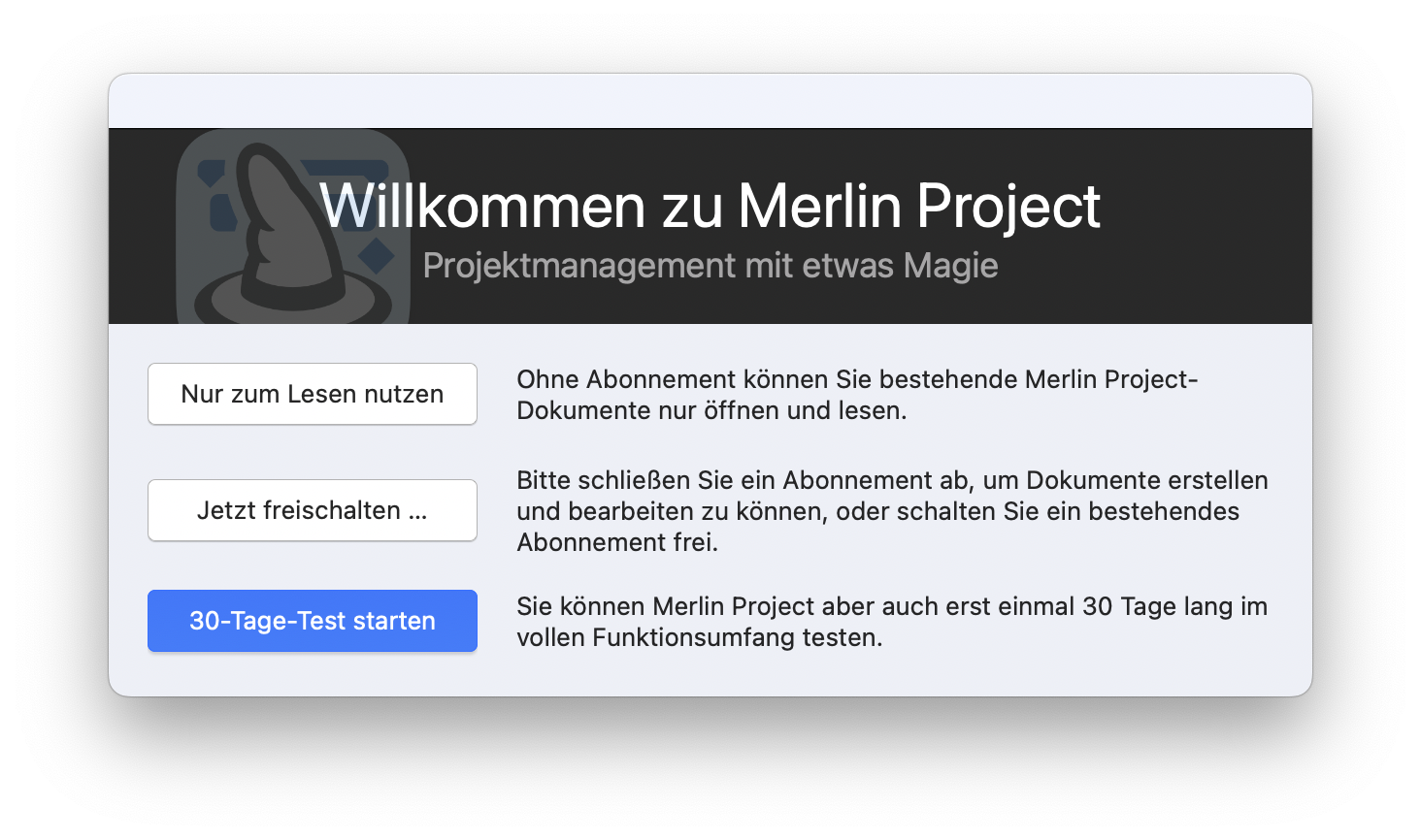 Merlin Project Startbildschirm